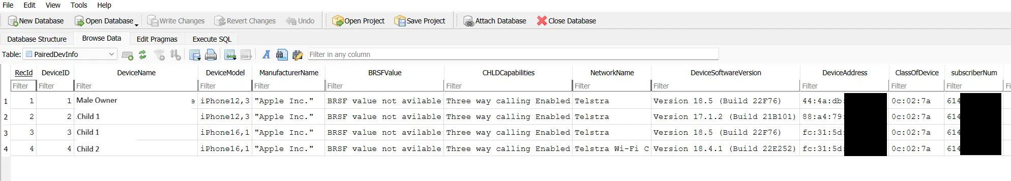 btpersist Database File - Device Info