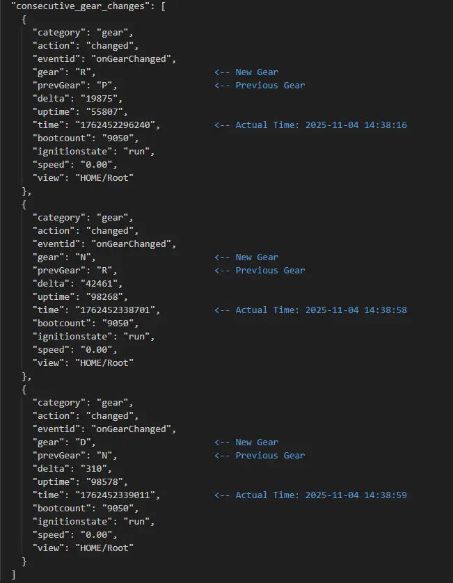 Detailed Vehicle Log Info - Structured Data - Gear Changes