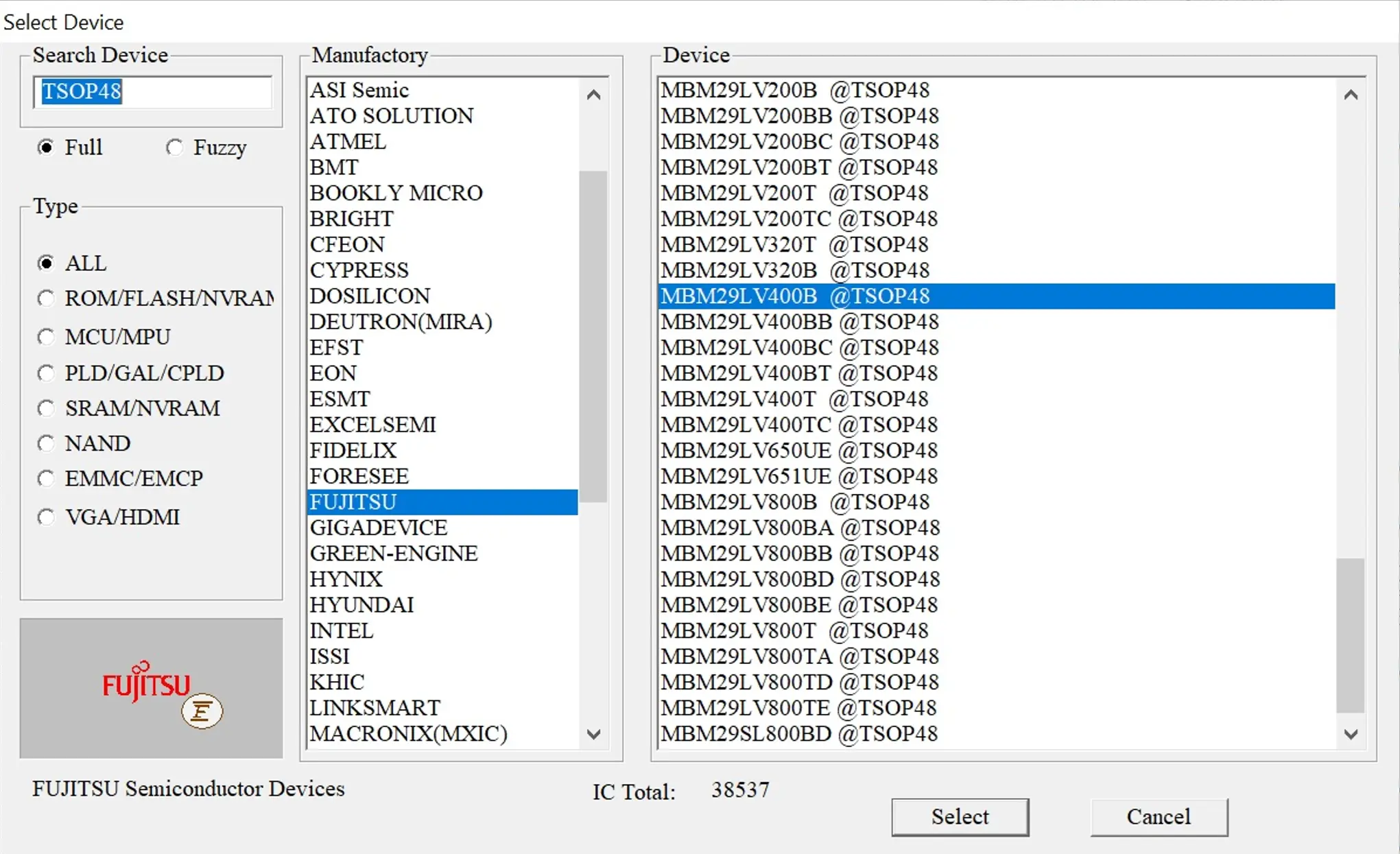 Flash Chip - Xgpro Device Selection